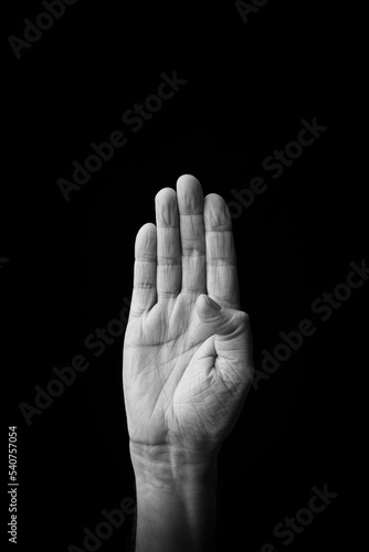 Hand demonstrating the Japanese sign language letter 'KE' or 'け' with copy space