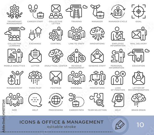 Set of conceptual icons. Vector icons in flat linear style for web sites, applications and other graphic resources. Set from the series - Office and Management. Editable stroke icon.