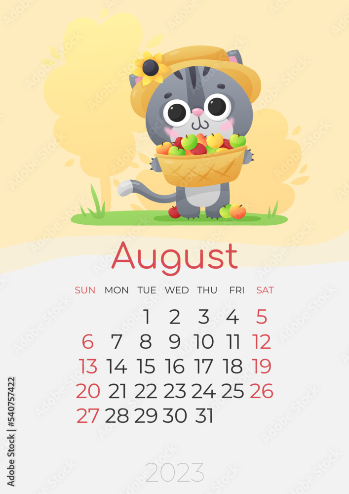 Calendar of 2023 year, August, poster with cute gray kitty in straw hat, with harvest of apples in a basket and grass on yellow background. Vector illustration for postcard, banner, web, design, arts.