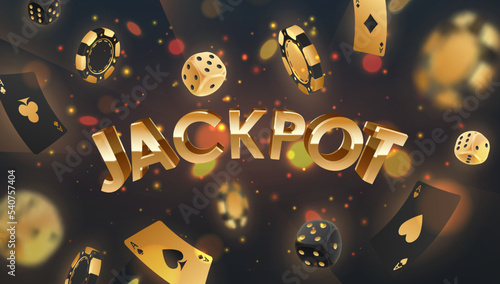 Golden letterings Jackpot with falling black and gold poker chips, tokens, dices, playing cards on black background with gold lights, sparkles and bokeh. Vector illustration for postcard, web, design