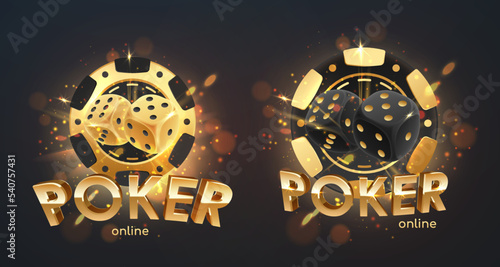 Set of golden letterings Poker online with gold and black poker chip, token, dices on black background with gold lights, sparkles and bokeh. Vector illustration for postcard, web, advertising.