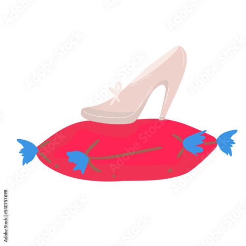 flat design stars princess girls, fashion beauty legend vector. beautiful elegance Crystal glass slipper with diamonds or Ice clear clean shoe of cinderella on red pillow or cushion