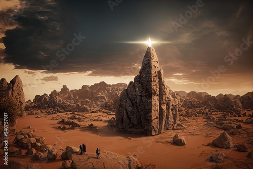 An ancient ruined city  stone ruins  arches  pillars  a magical portal to another world. Fantasy desert landscape with stone runes  mythology. 3D illustration