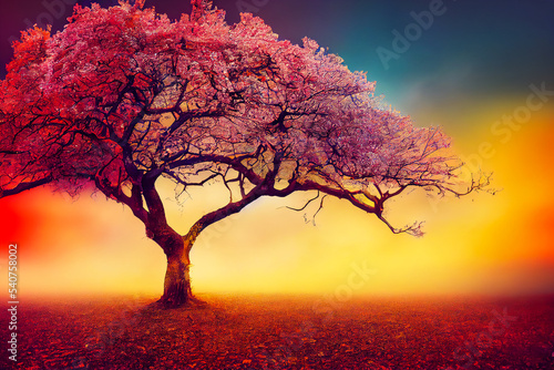 Spring blooming tree and fall colors  season mixed with hot summer sun. Idea of global warming. Illustration 3d