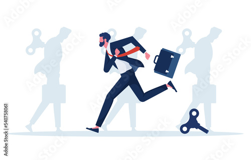illustration of a businessman running different way from the others after his winder released. Free will