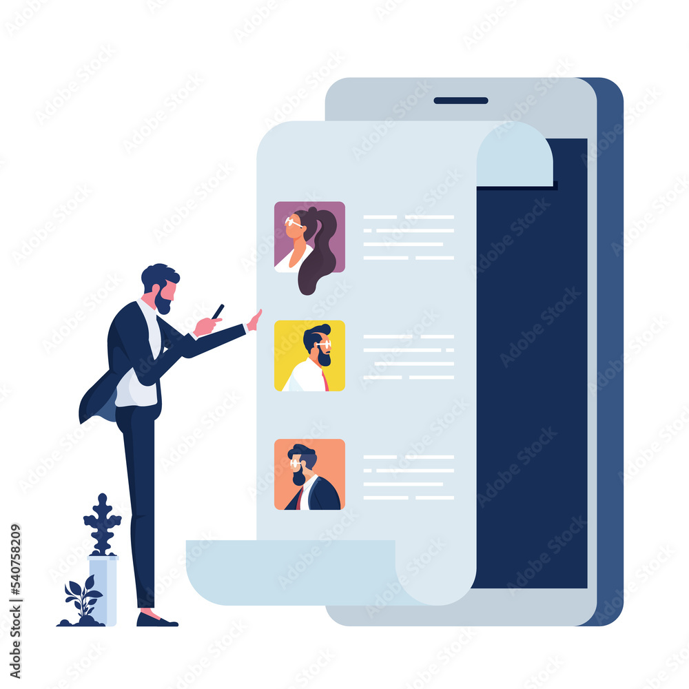 Concept of sharing news, refer friends online. Businessman holding smartphone with contacts on screen. Person forwards messages to friends or colleagues. 
