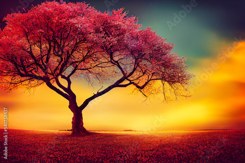 Landscape with a message about climate change  mixing summer  autumn and spring  with a blooming tree. Illustration 3d.