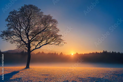Winter landscape with an old and beautiful tree in the snow, sunset and golden hour. Illustration 3d