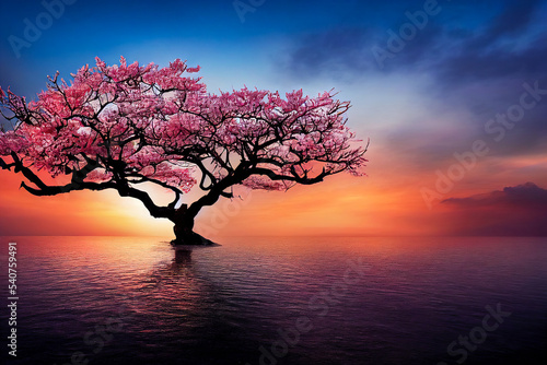 Zen landscape evoking total freedom and Japan with a pink tree lost in the tranquility of the sea. Illustration 3d. photo