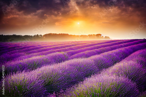 Sunset on a lavender field and its flowers. Landscape evoking the south of Europe and the Mediterranean. Illustration 3d.