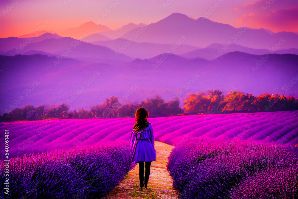 Woman walking through a lavender landscape in Europe, with purple or violet flowers. Illustration 3d. Woman walking through a lavender landscape in Europe, with purple or violet flowers. Illustration 3d.