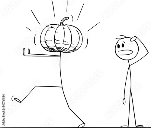 Person with Pumpkin Head, Halloween Accident, Vector Cartoon Stick Figure Illustration