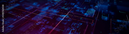 Big Data technology background. Microchip and computer parts. City of the future. 3d rendering