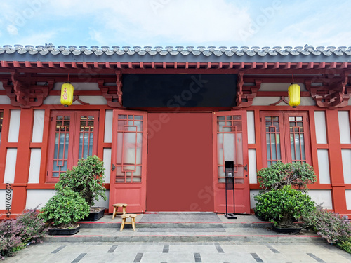 Front view of building with Traditional Chinese architecture. Chinese Store front view.