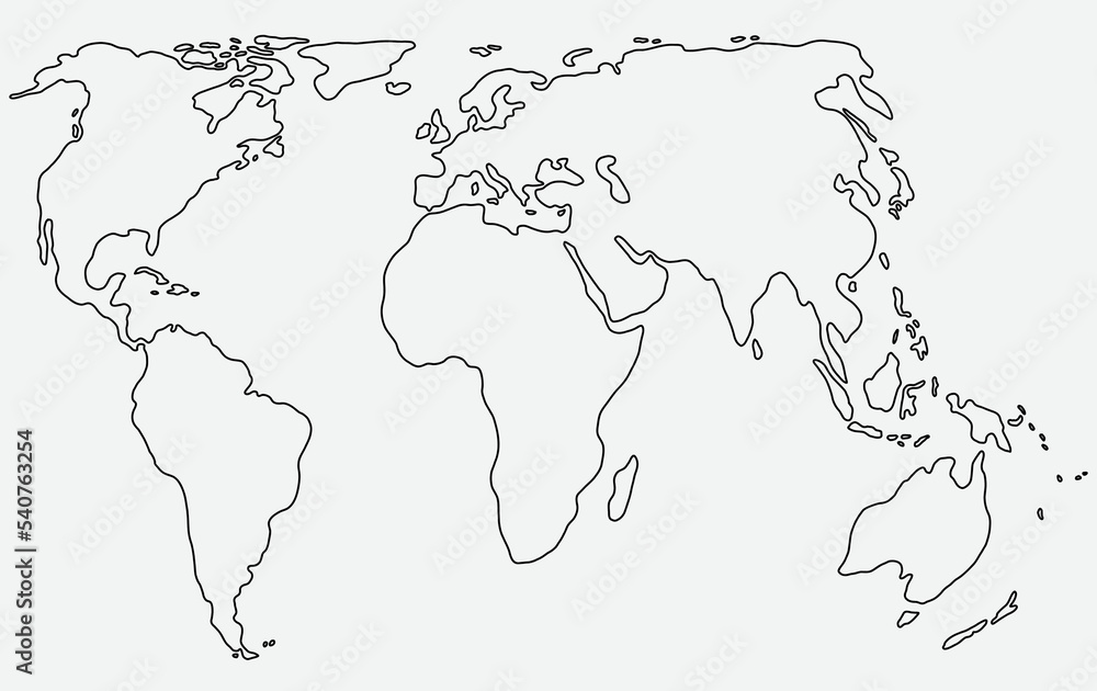 Freehand world map sketch on white background..