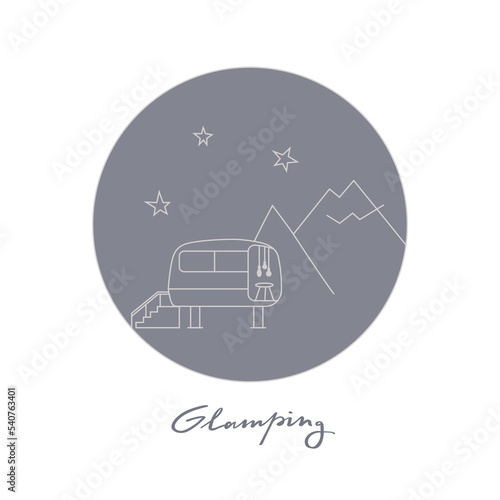 Vector linear glamping icon, label. Modern outdoor camp, trekking, nature reserve. Night Mountain landscape with house, tent, hut stars, snow hills and lettering