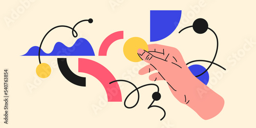 Modern geometric composition of various shapes. Illustration for design. A persons hand holds a geometric figure.