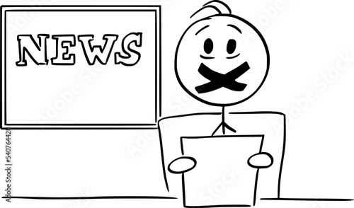 Censored Television Anchorman, Censorship and Journalism,Vector Cartoon Stick Figure Illustration