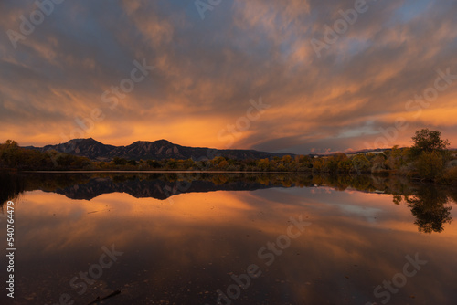 Sunrise with a lake reflection in Boulder, Colorado
