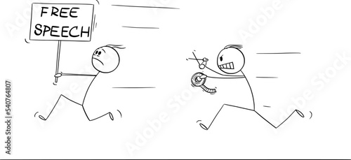 Person Running Away with Free Speech Sign, Vector Cartoon Stick Figure Illustration