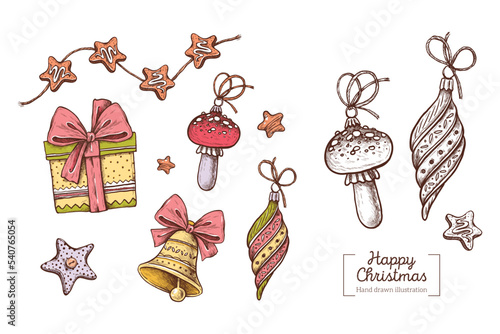 Vector set of hand drawn winter Christmas toys: fly agaric mushroom, bell, gift, garland, stars in graphic style. Hand drawn Merry Christmas illustration for invitation, card, textiles, design