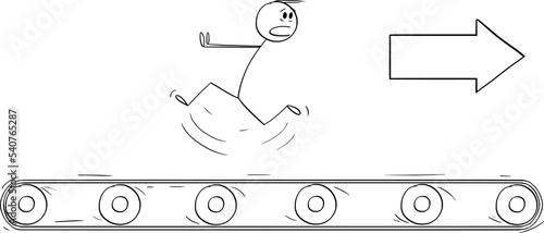 Person Running Against Conveyor Belt or Inevitable Future, Vector Cartoon Stick Figure Illustration photo
