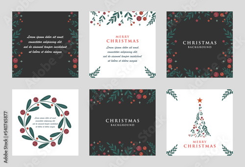 Christmas Post Feed For Social Media Template with Floral Ornament. Social media stories and post creative vector set.