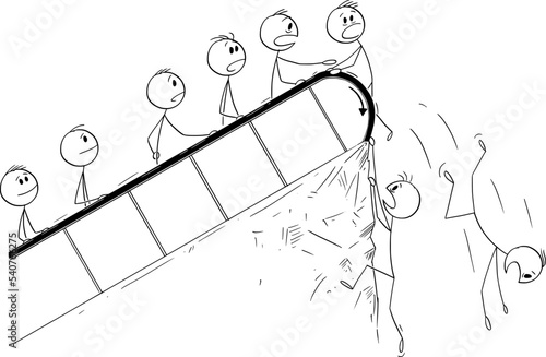 People on Escalator, Falling Down on the End Vector Cartoon Stick Figure Illustration