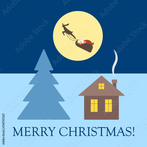Santa Claus in his sleigh flies in front of the full moon over the house and the Christmas tree. Vector illustration with copy space.