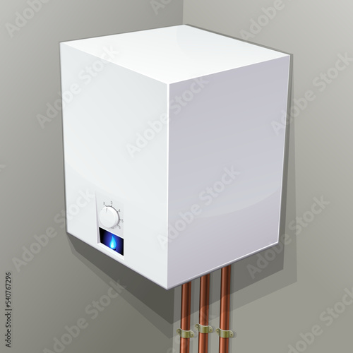 Gas boiler with the blue flame of the pilot light in 3D hanging on a wall where the gas inlet copper pipes are located