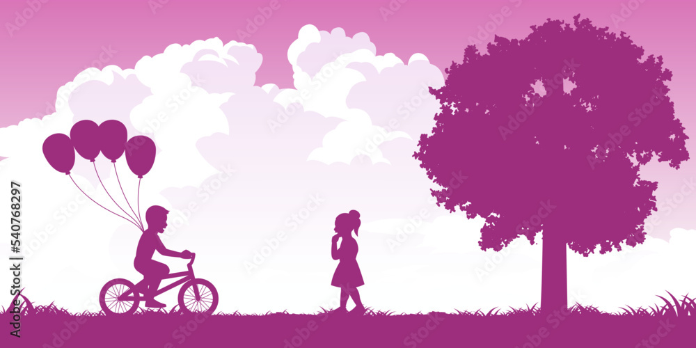 silhouette design of boy ride bicycle and hold balloon to give to the girl,vector silhoutte silhouette design of boy ride bicycle and hold balloon to give to the girl,vector silhoutte