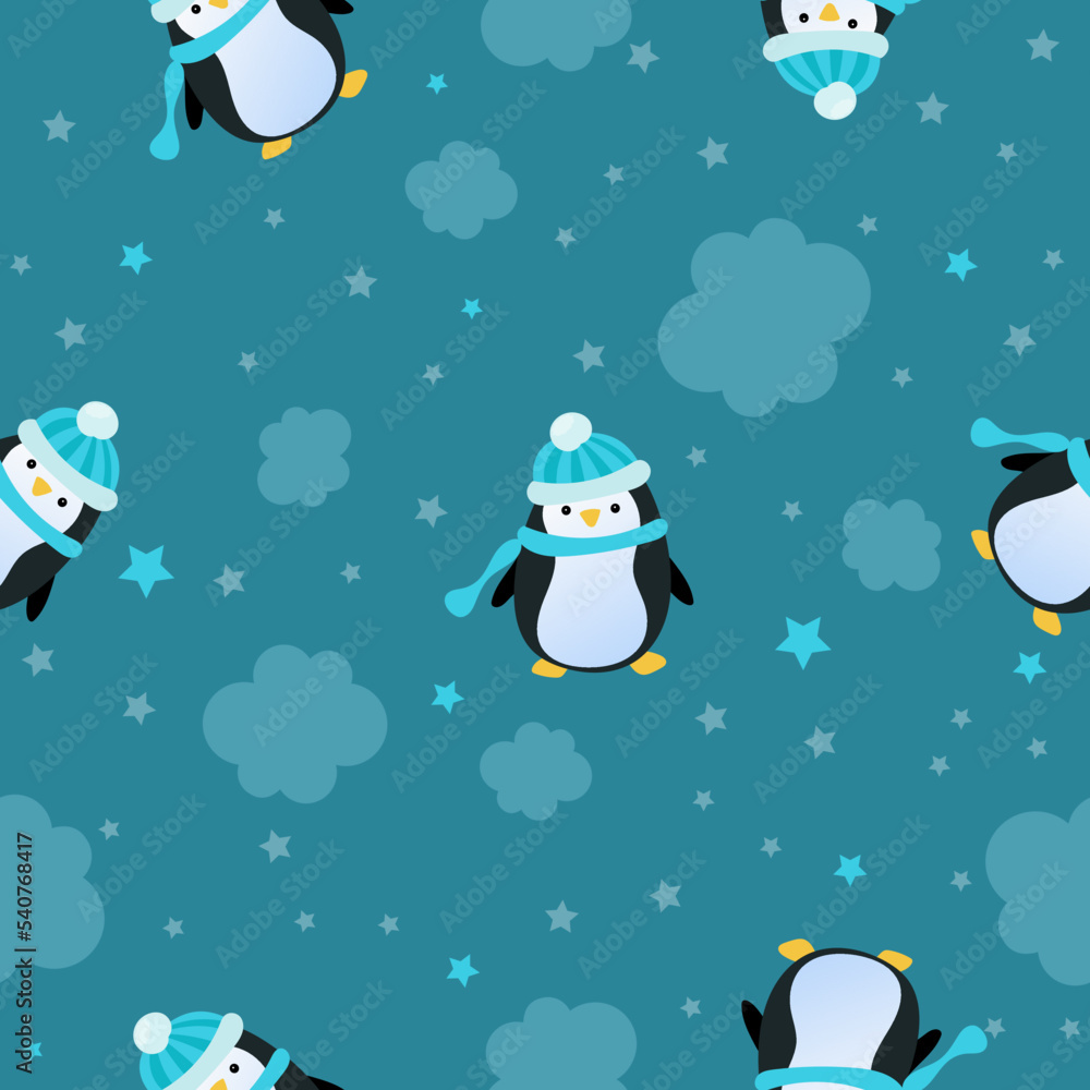 Seamless pattern with cute penguin in cartoon style. Vector illustration