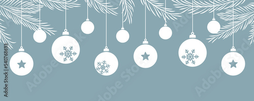 Stampa su tela merry christmas card with hanging ball decoratoin and fir branches
