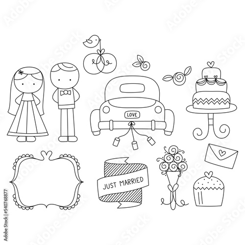 Hand-drawn doodle set of wedding elements