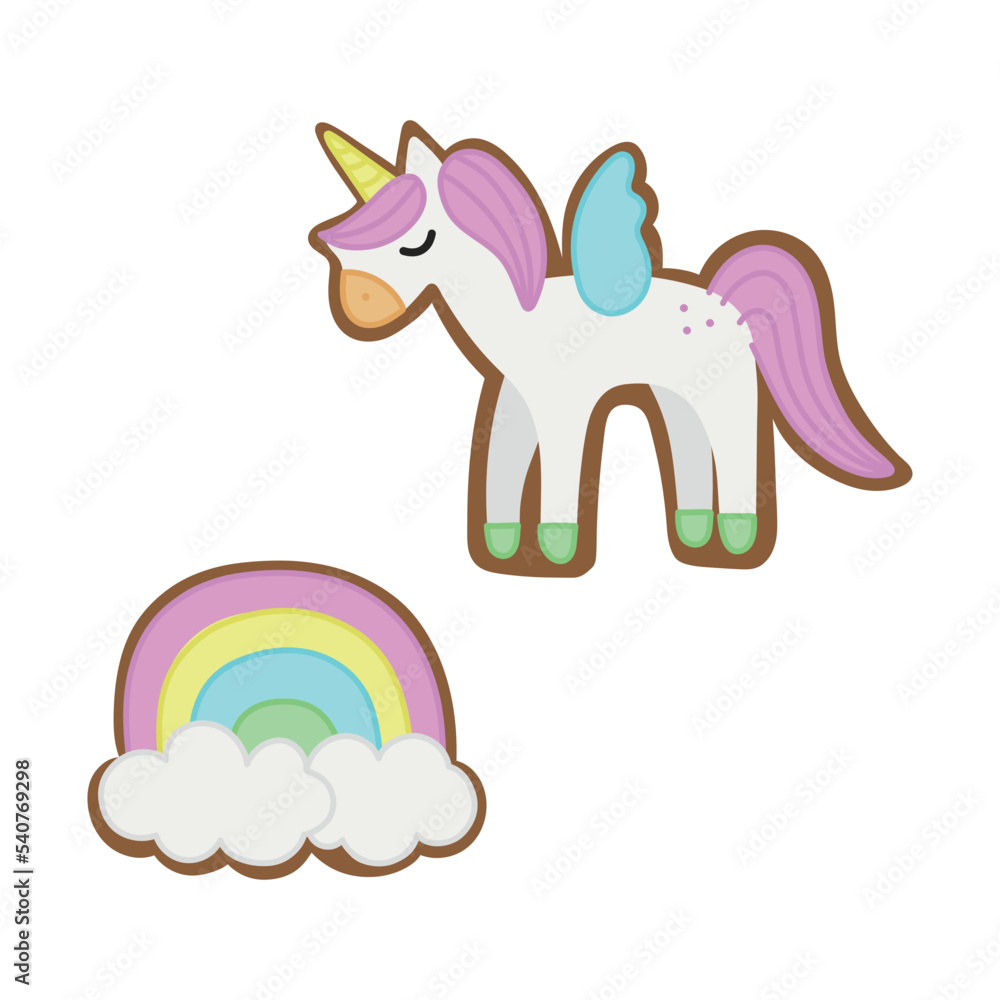 Unicorn rainbow gingerbread cookies vector. Cute pastel unicorn and rainbow gingerbread Christmas cookie with colorful icing. Isolated. Unicorn rainbow gingerbread cookies vector. Cute pastel unicorn and rainbow gingerbread Christmas cookie with colorful icing. Isolated.