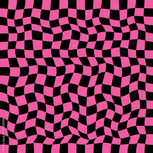 Wavy chess board vector seamless pattern. Black and pink check board background.