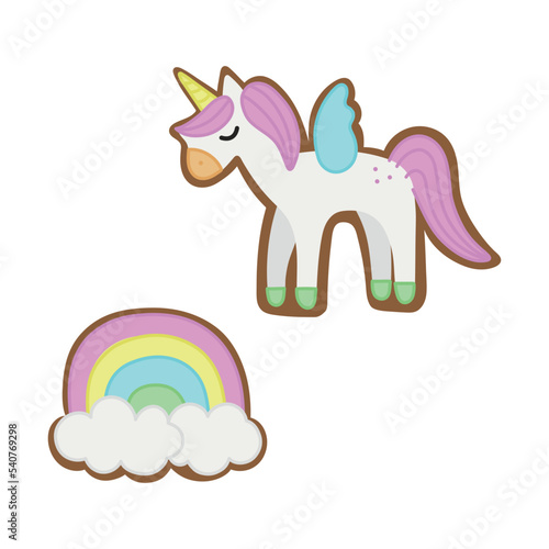 Unicorn rainbow gingerbread cookies vector. Cute pastel unicorn and rainbow gingerbread Christmas cookie with colorful icing. Isolated.