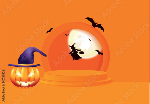 Halloween background design with 3d round podium