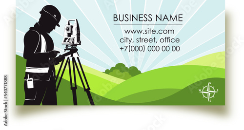 Business card for engineer surveyor concept, carrying out geodetic and cadastral works