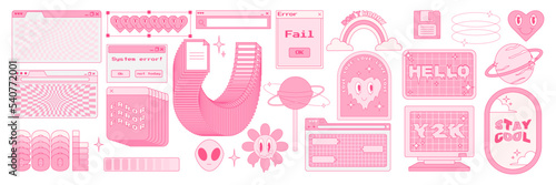 Big sticker set in trendy y2k style. Old computer aestethic. Retro pc elements, user interface. Nostalgia for 1990s -2000s. Vector illustrations.