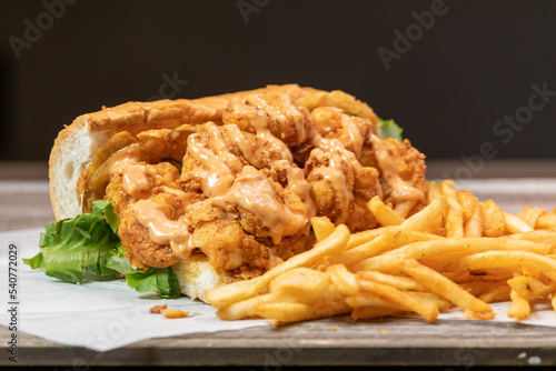Shrimp Po Boy Sandwich with Fries
