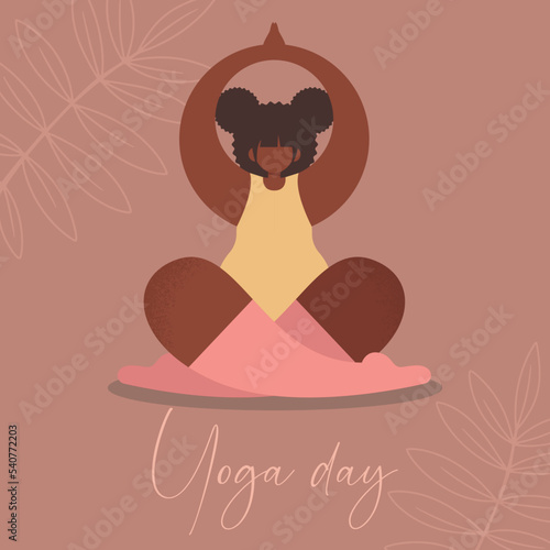 Vector flat illustration. African American girl doing yoga. International Yoga Day. Square postcard, poster.