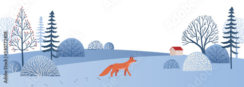 Vector illustration - winter background with trees, fir-tree and bushes in snow. Fairytale in flat style with gradient. Blue forest and orange fox. Perfect for advertise, home decor, banners, cards
