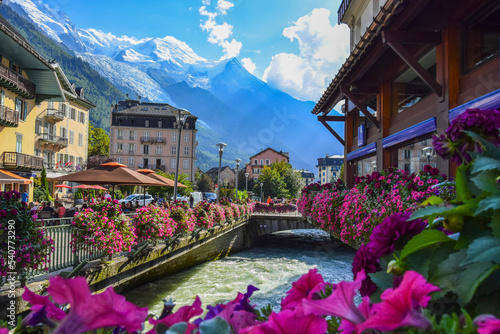 CHAMONIX, FRANCE. View of the  Arve river and Mont-Blanc massif from the centre of Chamonix . photo