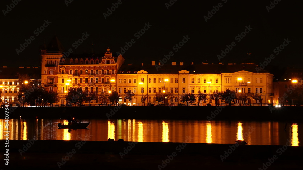 night Prague, illuminated Vltava Embankment