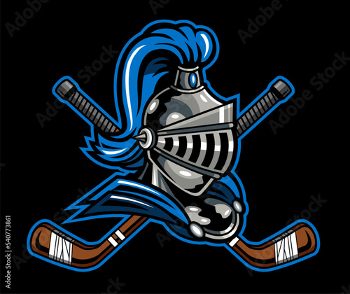 knights mascot with crossed hockey sticks for school, college or league