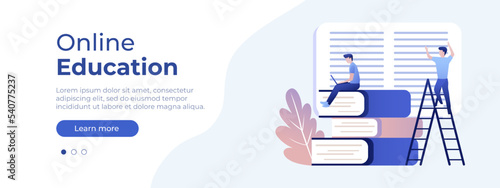 Online education concept. Vector layout for website page. Illustration in flat style with people studying remotely. Students learning online at home. Vector illustration EPS 10