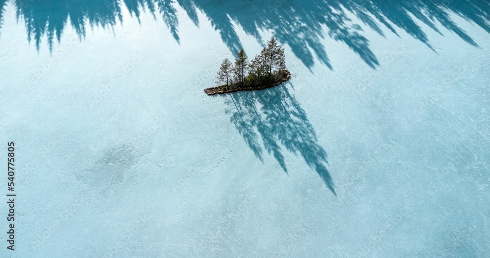 Fototapeta premium Drone view of coniferous forest island in the middle of the frozen river covered with ice, aerial