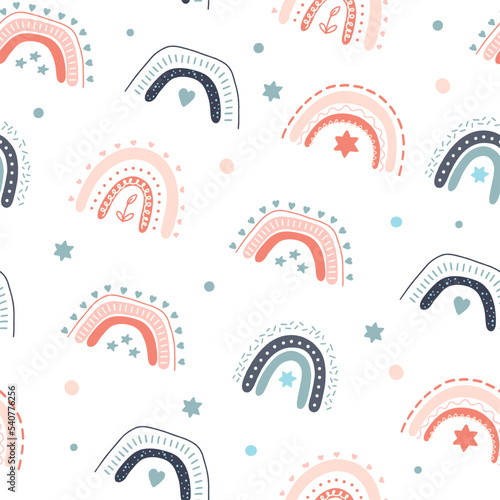The pattern of cute boho rainbows. For decoration of childrens rooms and holidays. Vector modern style