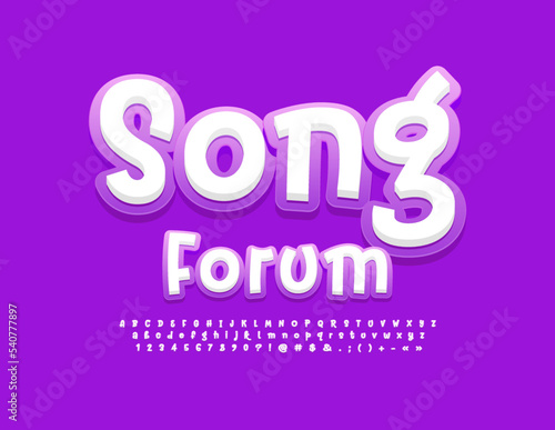 Vector bright emblem Song Forum. Creative funny Font. White and Violet Handwritten Alphabet Letters and Numbers set © Popskraft